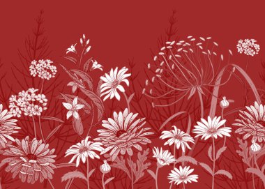 Kır çiçekleri ile sınır. Alan ve Bahçe çiçekleri ile sorunsuz yaz desen. İçin yazdırma duvar kağıdı, kağıt, tekstil, kumaş çiçek background. El çizim kroki. Moda vektör çizim.