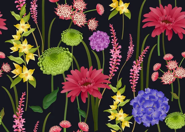 Motivo Floreale Primavera Senza Cuciture Fiori Primaverili Sfondo Nero Illustrazione — Vettoriale Stock