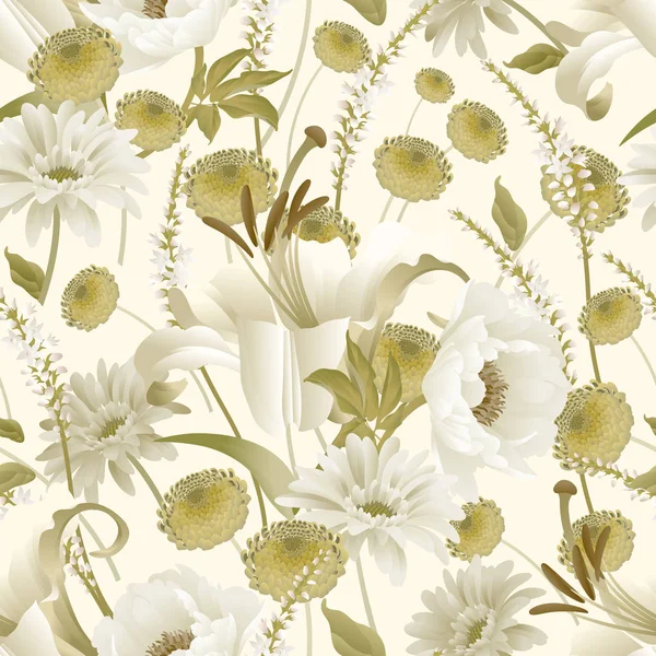 Fleurs Jardin Modèle Sans Couture Pivoines Asters Lis Branches Feuillage — Image vectorielle