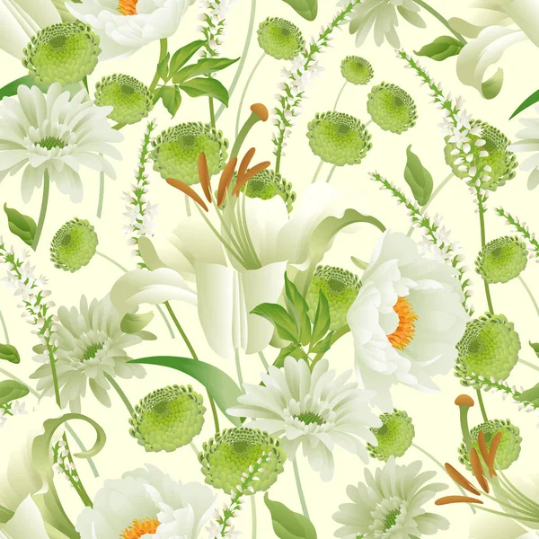 Flores Primavera Jardín Patrón Sin Costuras Peonías Astros Lirios Ramas — Archivo Imágenes Vectoriales