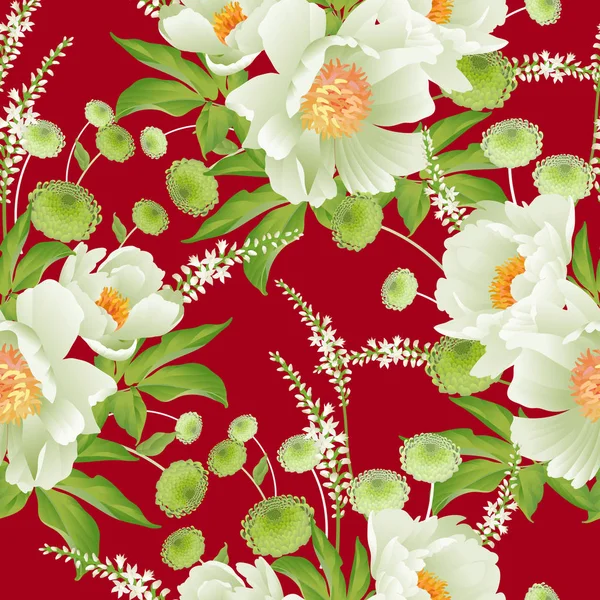 Fleurs Jardin Motif Floral Sans Couture Pivoines Asters Branches Feuillage — Image vectorielle