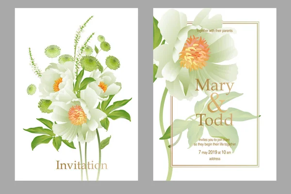 Cards Wedding Invitations Set Decoration Bouquet Garden Flowers Peonies Aster — Stock Vector