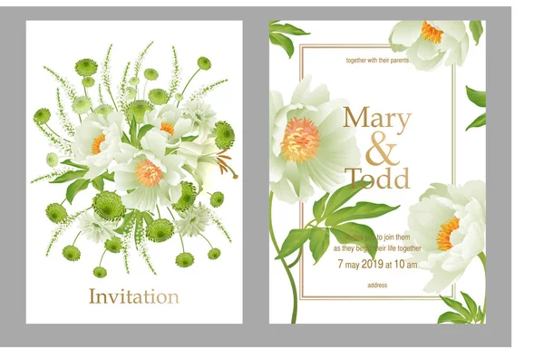 Cards Wedding Invitations Set Decoration Bouquet Garden Flowers Peonies Gerberas — Stock Vector
