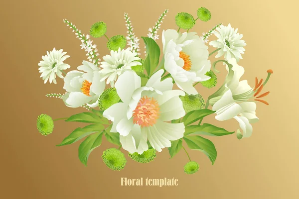 Patrón Lujo Tarjeta Floral Delicado Pastel Blanco Jardín Aster Peonies — Vector de stock