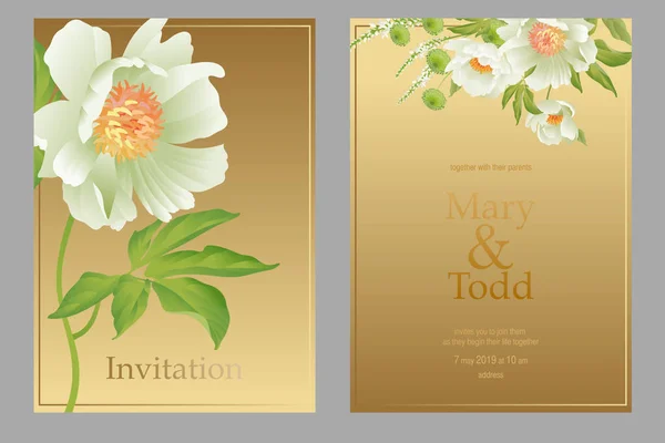 Invitation Wedding Card Template Design Peonies Flowers Golden Background Pastel — Stock Vector