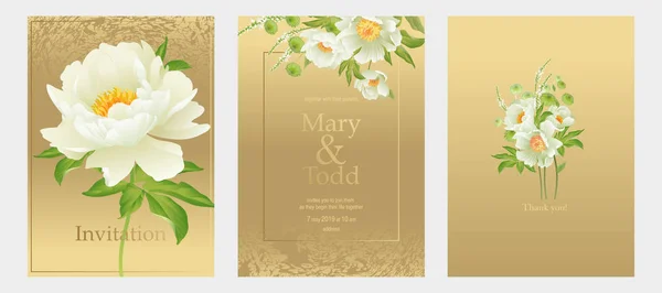 Convite Conjunto Cartão Casamento Decoração Peônias Flores Sobre Fundo Dourado — Vetor de Stock