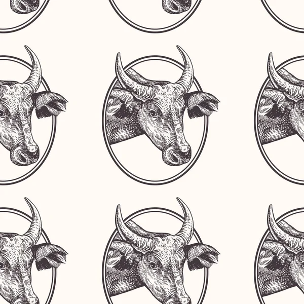 Корова Бесшовный Рисунок Фермерским Животным Ручной Рисунок Голов Скота Рамке — стоковый вектор