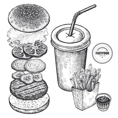 Fast Food vektör çizim. İçki, patates kızartması, ketçap ve hamburger. Ayrı ayrı pirzola, domates, soğan, salatalık, marul, bun. Vintage oyma. Siyah ve beyaz.