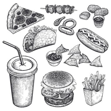 Yiyecek ve içecek. Hamburger, patates kızartması, pizza, nuggets, kebaplar, sarımsak, ketçap, sıcak beyaz arka plan üzerinde izole köpek. Fast food restoranlar ve kafeler için tasarlanmıştır. Vektör çizim sanat ayarlayın. Siyah ve beyaz
