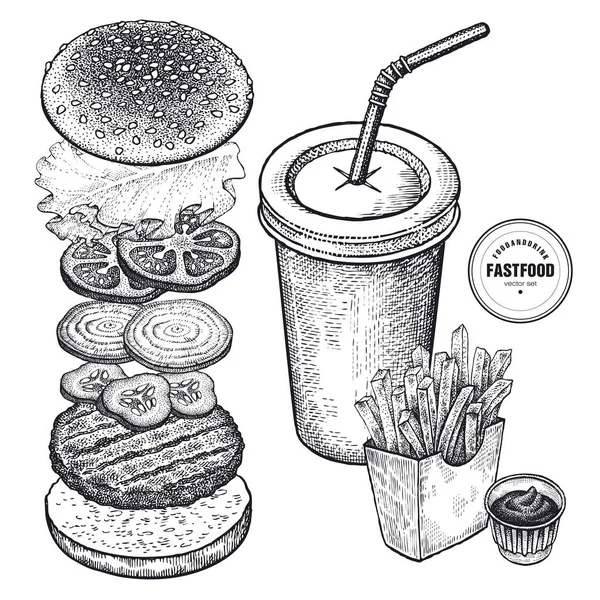 Ilustracja Wektorowa Fast Food Napój Frytki Ketchup Burger Oddzielnie Kotlet — Wektor stockowy