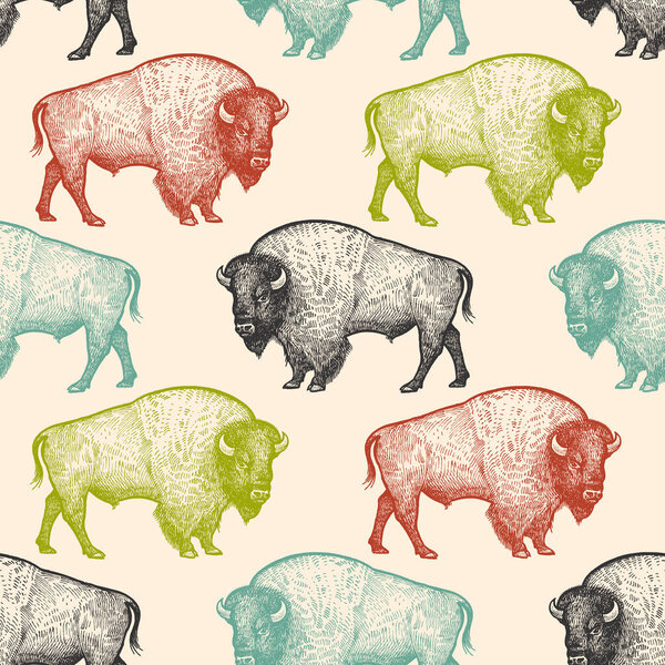 Бесшовный рисунок с животными North America Bison. Ручной рисунок дикой природы. Векторное иллюстрационное искусство. Черный, белый, зеленый, синий и красный цвета. Винтажные. Дизайн для тканей, бумаги, текстиля, моды
.