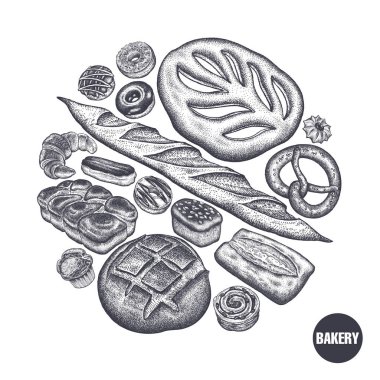 El çizim fırın ürünleri seti. Çavdar ve buğday ekmek, hamur işleri varyasyonları. Siyah ve beyaz eskiz. Gıda vektör Illustration. Vintage gravür tarzı.