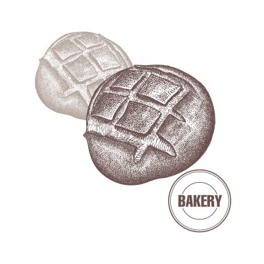 Kahverengi ekmek. El çizimi. Gıda vektör Illustration. Pasta şekerleme ve ekmek, kafe, Restoran, menü için mutfak tasarımı. Vintage.