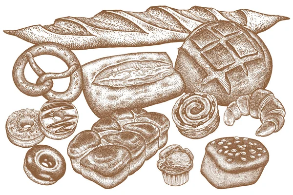 Комплект Хлебобулочных Изделий Ржаной Хлеб Чиабатта Белый Хлеб Цельнозерновой Хлеб — стоковый вектор