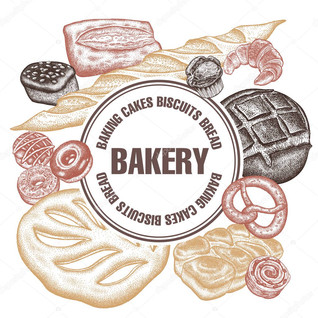 Frame of bakery products with space for text. Hand drawing. Variety of breads. Buns, rye bread, French baguettes, donuts, croissant, pretzel. Vector illustration. Food design for confectionery, bakery