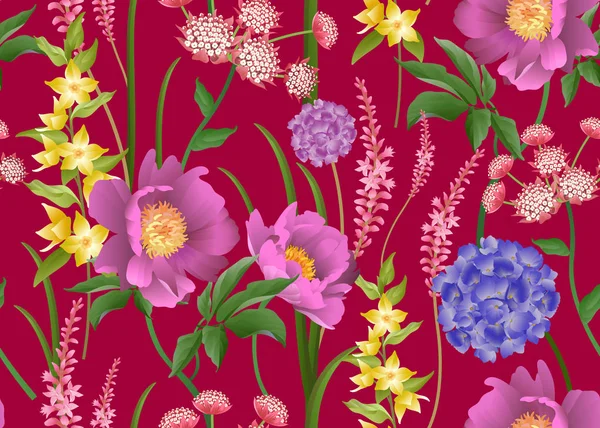 Motif Floral Sans Couture Les Fleurs Jardin Pivoines Hortensias Feuillage — Image vectorielle