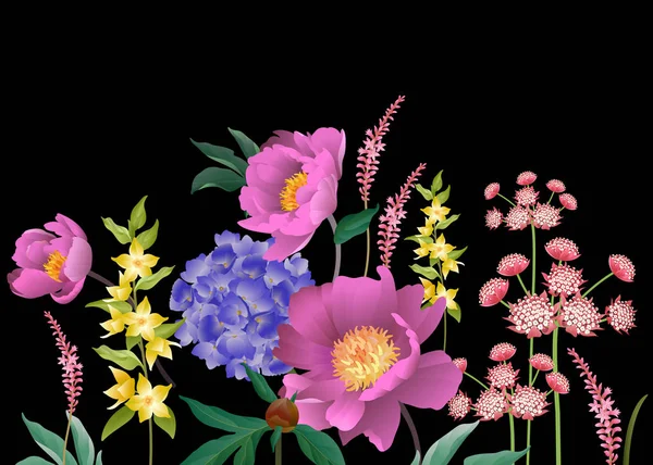 庭の花 花柄シームレスな境界線 シャクヤク あじさい ハーブ ファッション業界 壁紙のベクトル図です ビクトリア朝のビンテージ背景 — ストックベクタ
