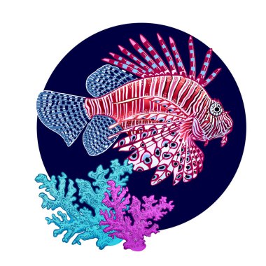 Dekorasyon ile mercan balık zebra ve beyaz arka plan üzerinde mercan. Vektör çizim. Sualtı dünya hayvan. El çizim kroki. Vintage oyma. Deniz okyanus hayvan. Desen mutfak eşyaları için