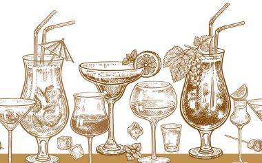 Alkol ile sorunsuz vektör desen. Kokteyller, şarap, votka ve tekila, buz, nane, çilek ve limon ile gözlük. Altın ve beyaz. Vektör çizim. Vintage oyma. El çizimi.
