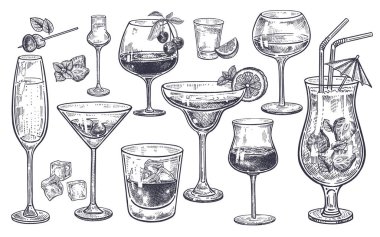 Alcoholic drinks set. Glass of champagne, margarita, brandy, whiskey with ice, cocktail, wine, vodka, tequila and cognac. Isolated black and white vintage engraving. Hand drawing. Vector illustration clipart