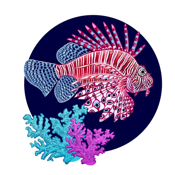 装饰与珊瑚鱼斑马和珊瑚在白色背景 向量例证 水下世界的动物 手绘草图 复古雕刻 海洋动物 厨房用具的图案 — 图库矢量图片