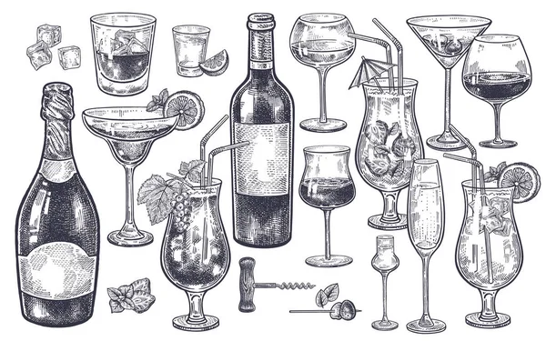 Bebidas Alcoólicas Prontas Desenho Mão Vintage Garrafas Com Vinho Champanhe —  Vetores de Stock