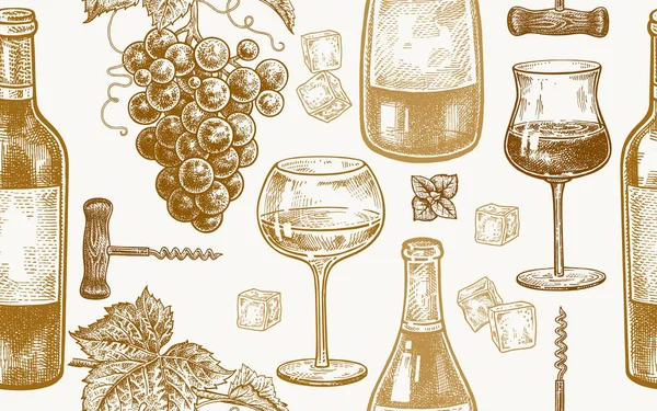 ワインを飲むのシームレス パターン ボトル グラス白 赤ワイン ミント ブドウの果実がらせん状します ゴールドと白 ベクトル イラスト — ストックベクタ