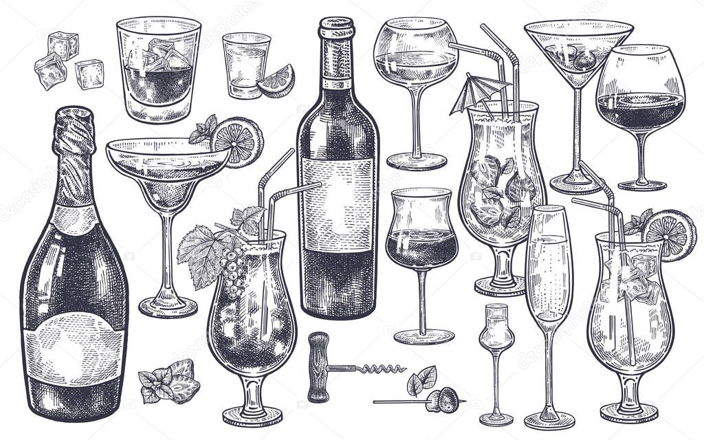 Alcoholic drinks set. Vintage hand drawing. Bottles with wine and champagne, glasses, cocktails, beverages, ice slices and corkscrew. Isolated black image on white background. Vector illustration.