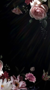 Antika arka plan. Bahçe çiçek siyah çerçeve. Gül ve peonies. Çiçek dekorasyon. Parlama efekti.