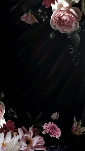Винтажное Прошлое Рамка Садовых Цветов Черном Розы Пионы Цветочные Украшения — стоковое фото