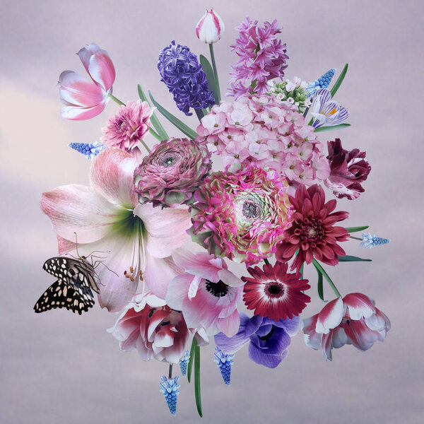 Spring flowers tulips, hyacinths, anemone, primroses in bloom and butterfly. Bouquet of beautiful garden flowers on pink. Floral decoration. Vintage background. Baroque style.