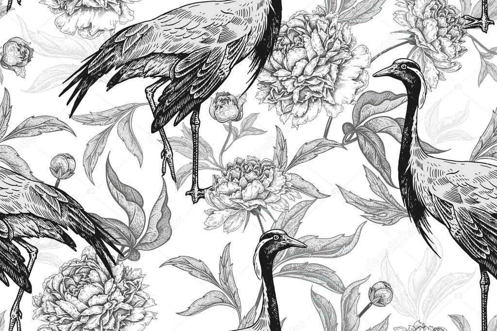 Floral seamless pattern with cranes and flowers peonies. Black a