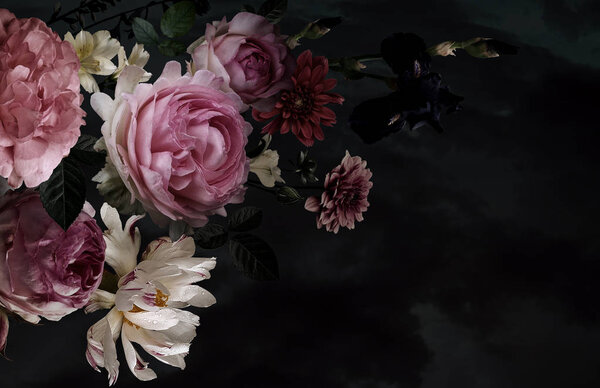 Beautiful garden flowers. Vintage floral card.