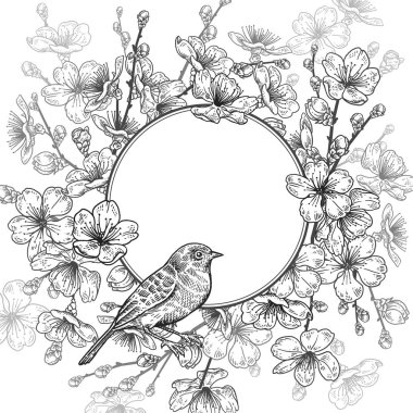 Japon kiraz ve kuş ile Çiçek vintage kart.