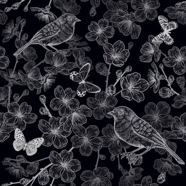 Japon kiraz, kuş ve kelebekler. Kusursuz desen. Siyah a