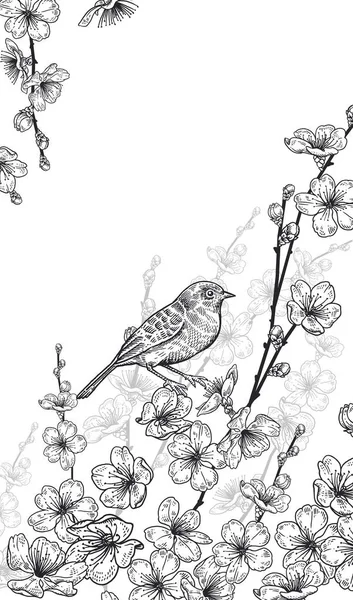 Tarjeta vintage floral con cereza japonesa y pájaro . — Archivo Imágenes Vectoriales