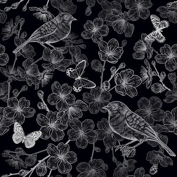 Japon kiraz, kuş ve kelebekler. Kusursuz desen. Siyah a