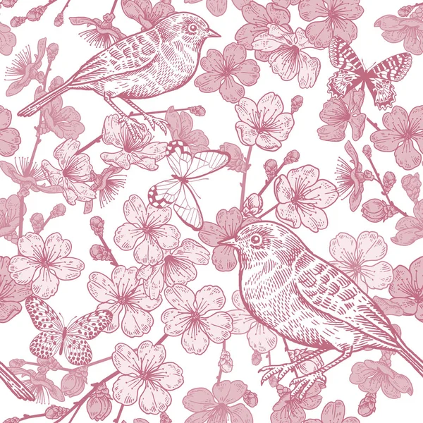 Cereza japonesa, aves y mariposas. Patrón sin costuras. Rojo y — Archivo Imágenes Vectoriales