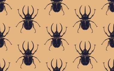 Böceklerle kusursuz desen. Altın arka planda siyah böcekler.