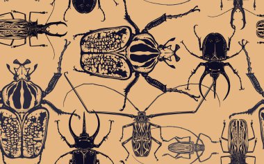 Böceklerle kusursuz desen. Altın arka planda siyah böcekler.