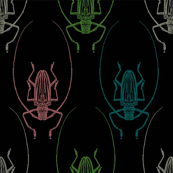 Modello senza cuciture con insetti. Scarabei di colore su sfondo nero — Vettoriale Stock