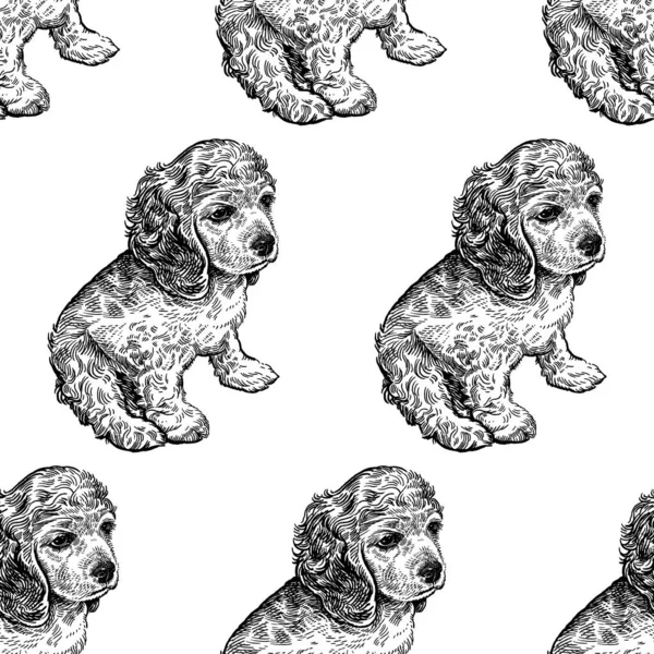 Seamless pattern with cute puppies of spaniel.