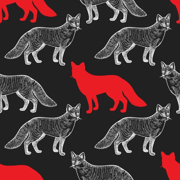 Fox Bezszwowy Wzór Rysunkami Sylwetki Ręka Graficzny Dzikiej Przyrody Grafika — Wektor stockowy