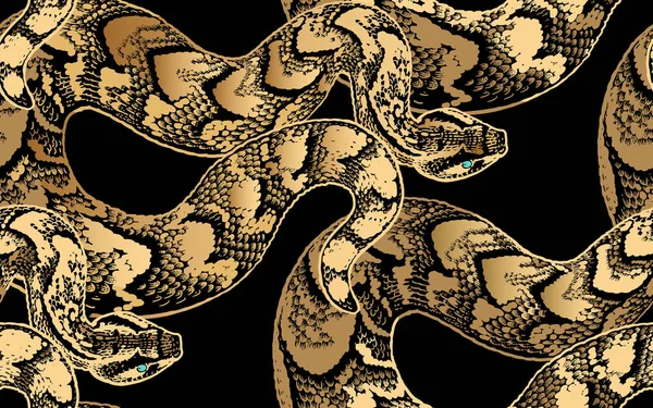 Modèle sans couture avec des serpents. Impression feuille d'or sur fond noir — Image vectorielle