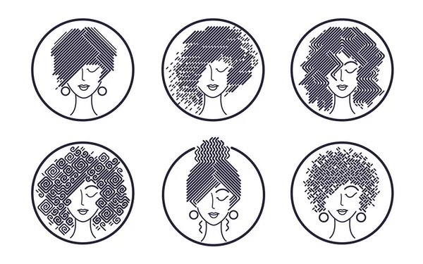 Conjunto de peinados femeninos iconos en blanco y negro . — Archivo Imágenes Vectoriales