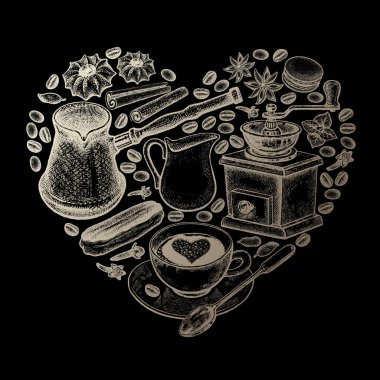 Kahve ve tatlı kalp vintage illüstrasyon şeklinde.