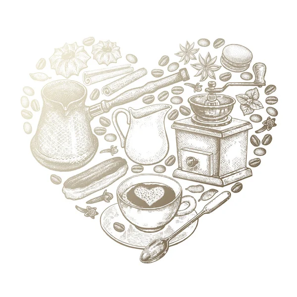 Caffè e dessert sotto forma di illustrazione d'epoca del cuore . — Vettoriale Stock