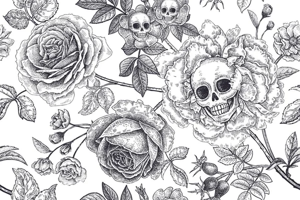 Patrón floral sin costuras con símbolos del día muerto. Calaveras, Bloomi — Archivo Imágenes Vectoriales