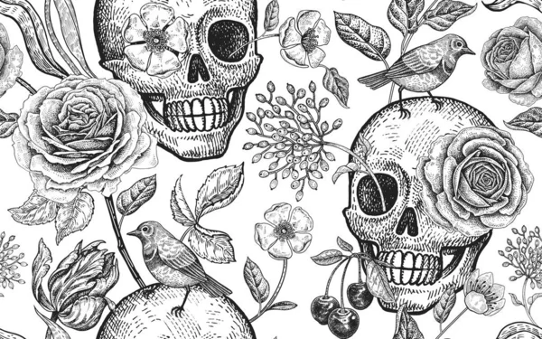 Patrón floral sin costuras con símbolos del día muerto. Calaveras, Bloomi — Archivo Imágenes Vectoriales