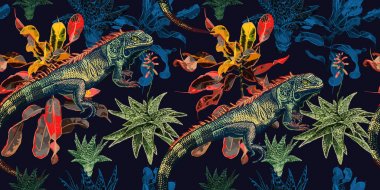 Kusursuz desen. Kaktüsler, ficus ve iguana.